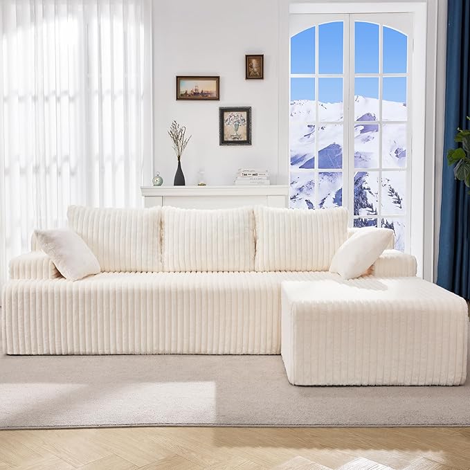 Hobestluk Modular Sectional Sofa Boneless Couch L-Shape Couch 3 Seat Modular Couch Memory Foam Sectional Couches for Living Room Furniture, Cloud Couch Lounge (White Stripe, 98" Right Facing Chaise)