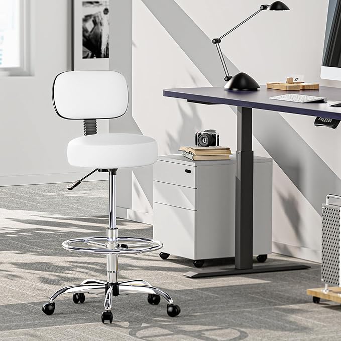 SUPERJARE Drafting Chair with Back, Adjustable Foot Rest Rolling Stool, Multi-Purpose Office Desk Chair, Thick Seat Cushion for Home Bar Kitchen Shop - White
