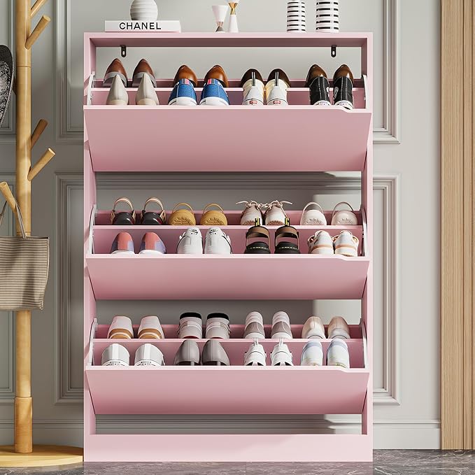 Xixini Shoe Storage Cabinet for Entryway with 3 Flip Drawers, Sturdy Wood Hidden Shoe Storage, Freestanding Narrow Slim Shoe Organizer for Front Door Entrance, Living Room, Hallway, Bedroom, Pink