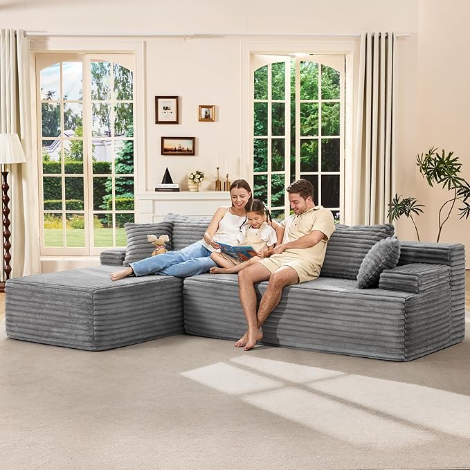 Hobestluk Modular Sectional Sofa Boneless Couch L-Shape Couch 3 Seat Modular Couch Memory Foam Sectional Couches for Living Room Furniture, Cloud Couch with Oversized Chaise (108" Left Facing Chaise)
