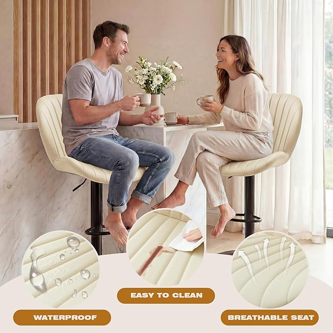 GRUSIGN Bar Stools Set of 2, Modern Swivel Adjustable Bar Chairs, Faux Leather Upholstered Counter Height Bar Stools with Backrest, Comfort Barstools for Kitchen Island, Home Bar, Beige