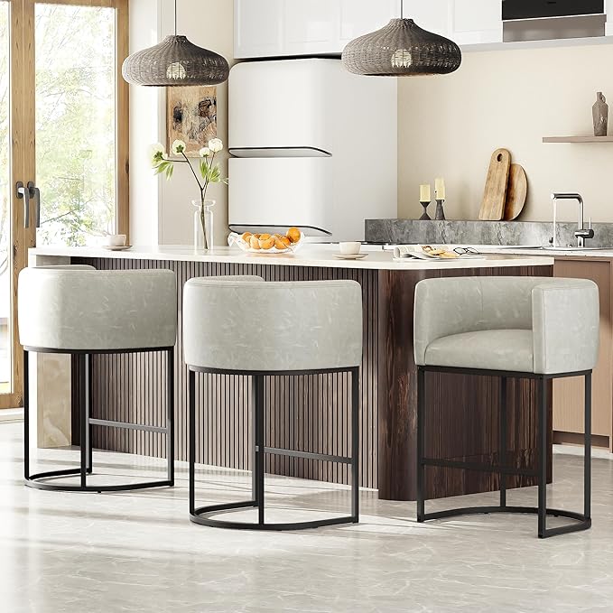 26" H Counter Height Bar Stools Set of 3, Modern Barrel Counter Stools with Backrest and Arms, Faux Leather Upholstered Accent Barstools for Kitchen Island,Support 450 LBS (Grayish White)