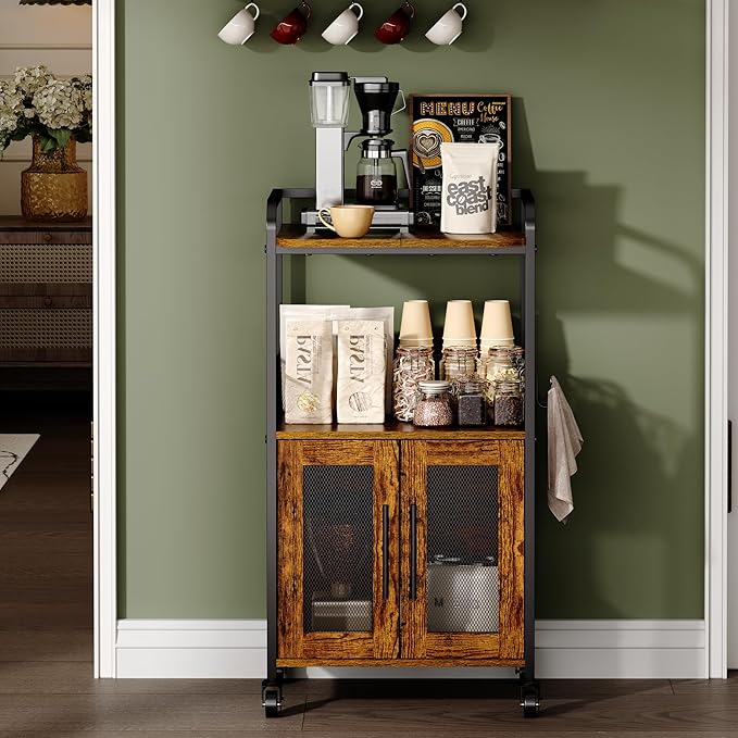 Hencawima Small Coffee Bar Cabinet with Storage, 3-Tier Rolling Coffee Bar Table, Farmhouse Coffee Cart Station with 2 Doors for Living Room, Dining Room, Rustic Brown