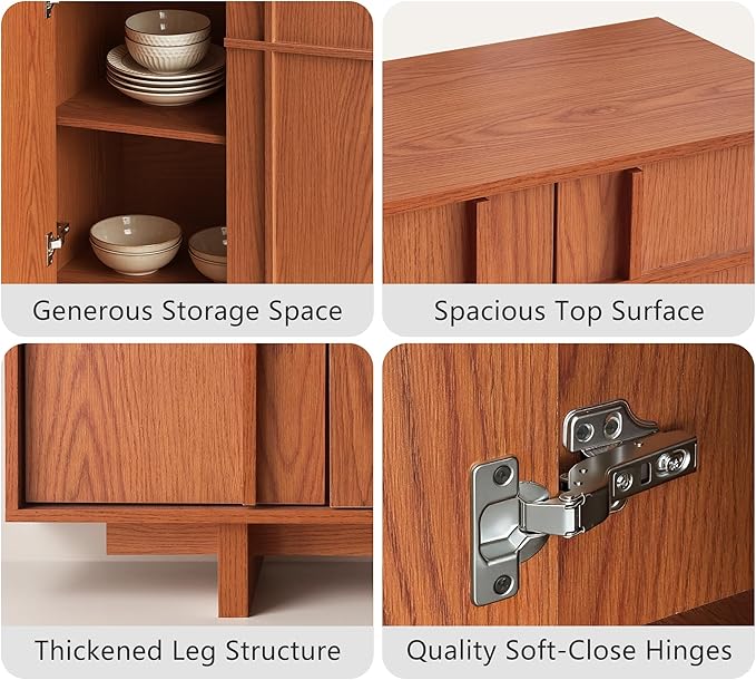 Sideboard Buffet Cabinet with Storage, Mid Century Modern Accent Cabinet with Skeleton Line & Wood Grain Texture, 63" Minimalist Credenza for Living Room Kitchen Dining Room Entryway, Walnut