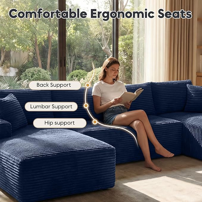 125 Inch Modular Sectional Sofa, Cloud Couch Oversized U Shaped Corduroy Sofa with Storage & Cupholders, Modern Deep Seat Boneless Couches for Living Room, No Assembly Required, Blue