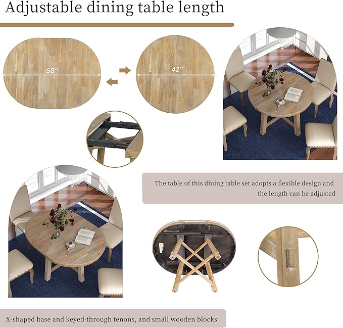 Harper & Bright Designs 5-Piece Farmhouse Dining Table Set Wood Round Extendable Dining Table and 4 Upholstered Dining Chairs (Natural Wood Wash)