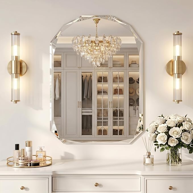 Suidia Bathroom Mirror, 30"x 40" Wall Mirror, Frameless Bathroom Mirror with Beveled Edge for Bedroom, Living Room, Entryway, Hallway, Arched Shape