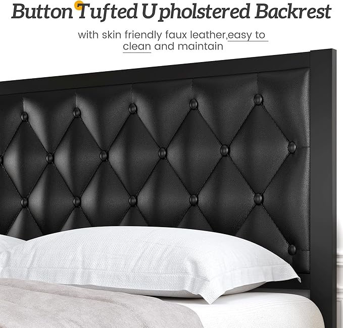 HISOFT Queen Bed Frame with Upholstered Button Tufted Headboard, Bed Frame Platform Metal Slats Support, Under Bed Storage, No Box Spring Needed, Noise-Free, Easy Assembly, Black