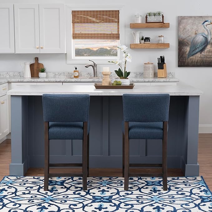 Linon Brasko Dark Espresso Wood with Dark Blue Upholstery 24" Seat Height Counter Stool in a Set of 2