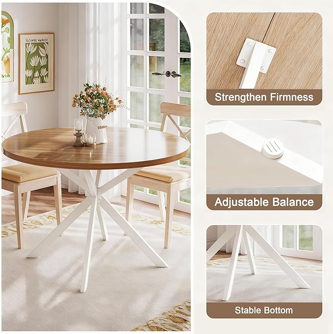ChooChoo 47.2 Inch Round Dining Table for 4, Farmhouse Wood Kitchen Table, Circle Dinner Table for Kitchen & Dining Room, Walnut&White