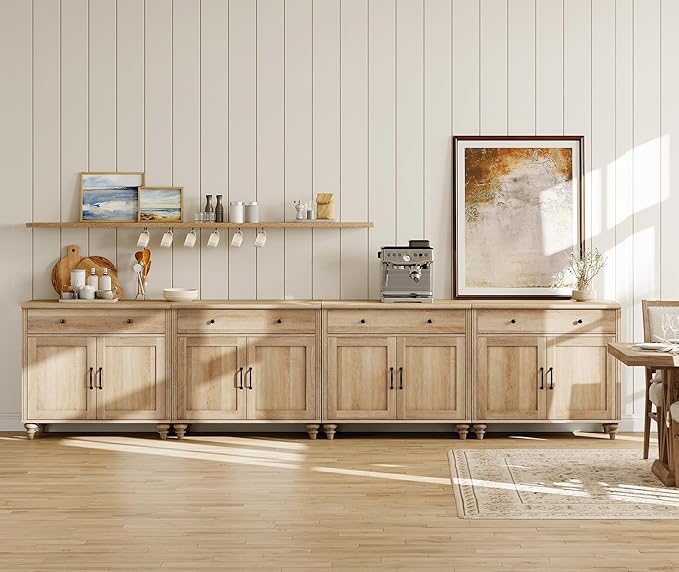 WAMPAT Large Buffet Cabinet with 8 Doors and 4 Drawers, Modern Coffee Bar Table Wood Kitchen Storage Cabinets, Farmhouse Sideboard Credenza for Dining Room, Oak, 134 inch