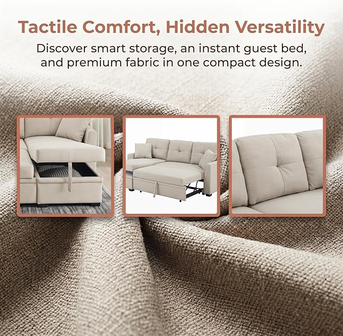 Convertible Sofa Bed, L Shape Sleeper Sofa with Reversible Storage Chaise, Tufted Fabric Sectional Sleeper Sofa with Pull Out Bed for Small Space, Living Room, Apartment, Almond