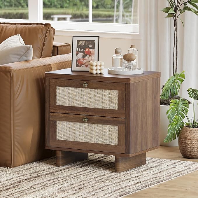 LAZZO Nightstands Set of 2, Mid Century Modern Night Stand with Rattan Drawers, Walnut Nightstand Bedside Table Set of 2, End Table for Bedroom (Walnut)