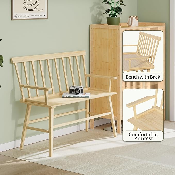 Bamboo Dining Bench, Entryway Bench with Spindle Back Farmhouse Wood Windsor for Foyer Balcony Living Room (Nature)