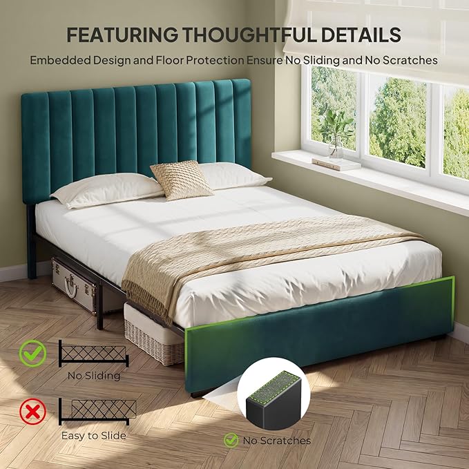 Welzona Full Size Velvet Bed Frame with Headboard, Fully Upholstered Metal Platform Bed with Vertical Channel Tufted Headboard, 3-Level Height, Metal Slat Support, Noise-Free Easy Assembly, Green