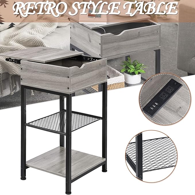 End Table with Charging Station, Bedside Table Nightstand Narrow Sliding Top Side Table with Storage Shelf with USB Ports & Power Outlets for Small Spaces Living Room, Bedroom, Office, Sliver