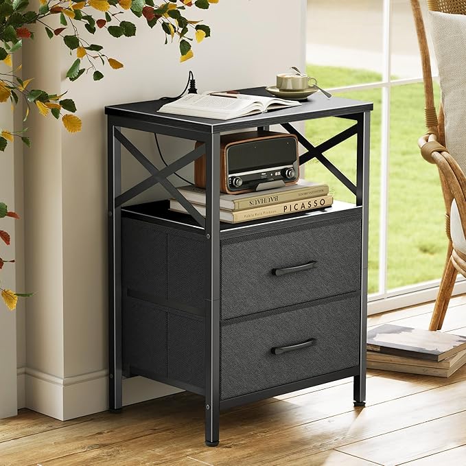 Huuger Night Stand with Charger Station, 2 Drawer Nightstand with Open Shelf, Bed Side Table with USB-C Port, End Table, Compact Size for Small Spaces, X Shaped Side Rail, Black