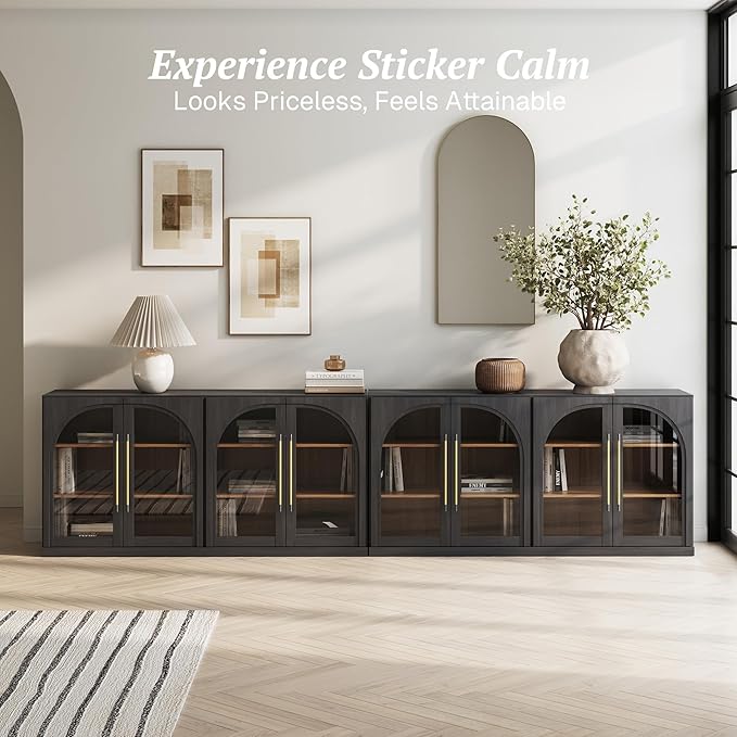 BELLEZE Set of 2 65" Arched Sideboard with Glass Door, Accent Buffet Cabinet with Storage and Adjustable Shelves, Classic Modern Large Console Table for Dining Room Living Room Entryway (Ebony)