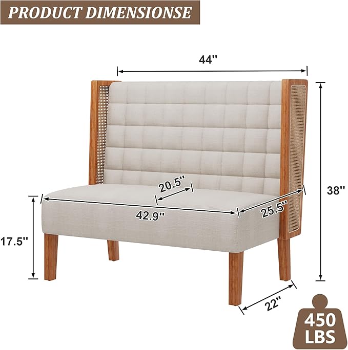 Andeworld Loveseat Settee Bench with Rattan Arms, Upholstered Modern Mini High-Back Sofa Couch,Banquette Dining Bench for Living Dining Room Bedroom Office Small Space Entryway，Beige