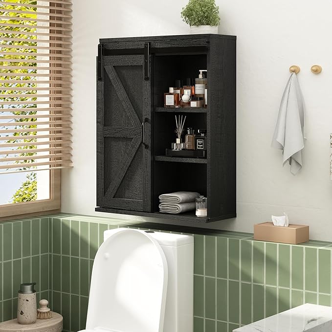RUSTOWN Farmhouse Wood Wall Storage Bathroom Cabinet with Sliding Barn Door, Rustic Medicine Cabinet with Adjustable Shelf, 3-Tier Vintage Cabinets for Kitchen, Bathroom, Living Room (Black)