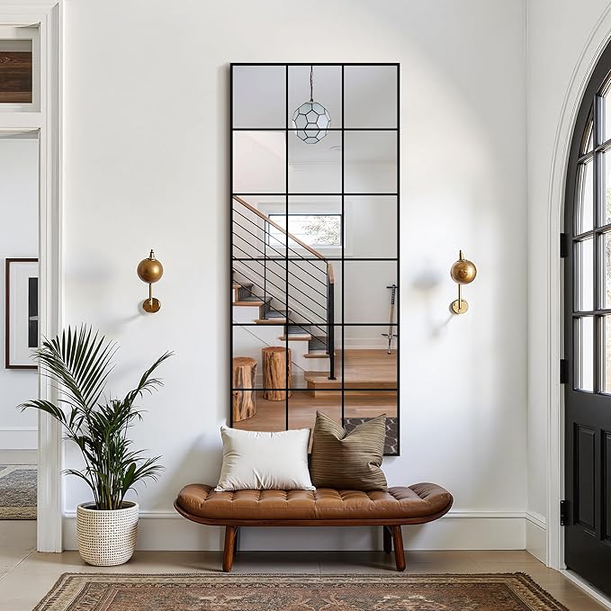 Window Mirrors for Wall Decor, Large Wall Mirrors Decorative Window Pane 30 x 70, Rectangular Metal Framed Wall Mounted Mirrors for Bedroom, Living Room, Dining Room, Entryway, Bathroom