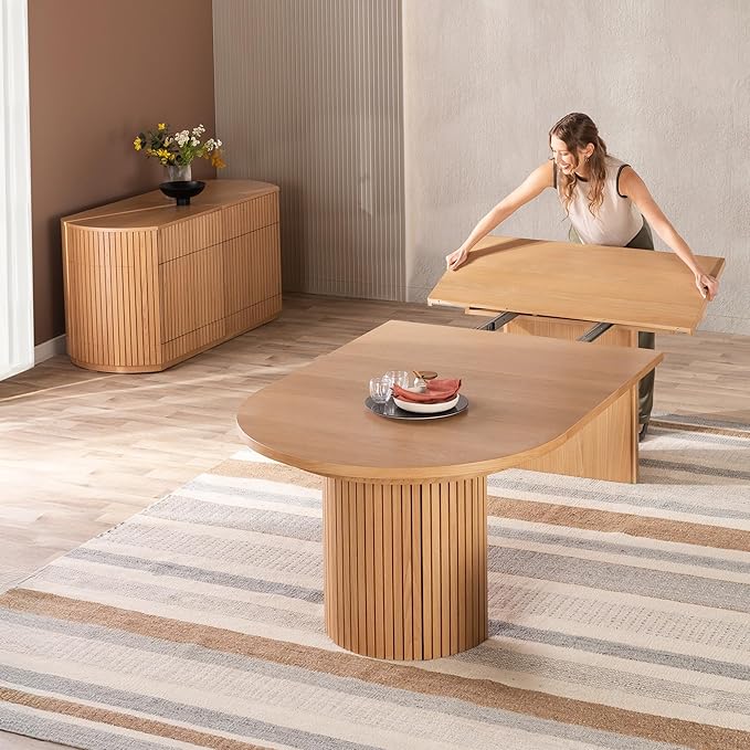 Transformer Table - Solid Wood Extendable Round Dining Table Set with Sideboard Panel Storage Cabinet, Expandable Round Dining Set, Elegant and Functional Design Natural (Table + Sideboard)