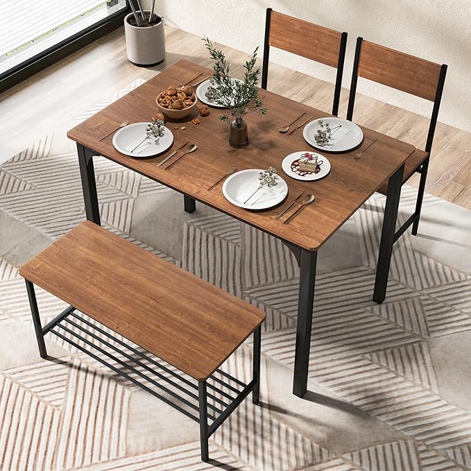 COSTWAY Dining Table Set for 4, Rectangular Kitchen Table Set with Bench and 2 Chairs, Storage Rack & Metal Frame, 4-Piece Dining Room Table and Chairs Set for Small Space, Apartment (Brown)