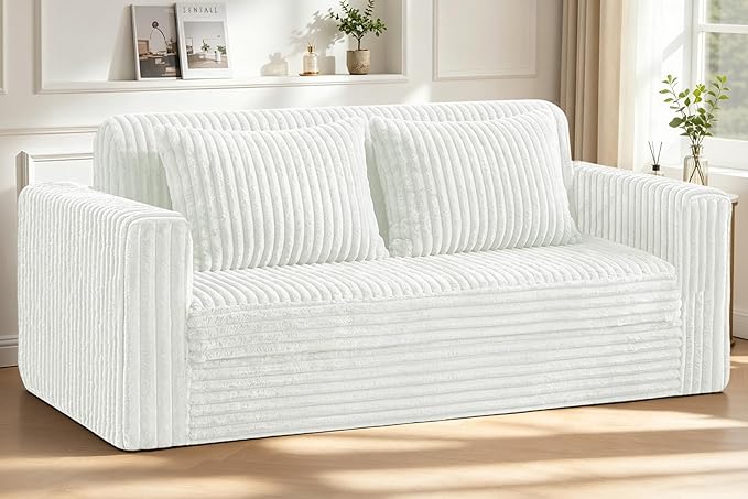 HABUTWAY 68" Loveseat Boneless Couch, 4-in-1 Convertible Sofa Bed, Plush Fur Folding Futon Sofa Bed Couches with 2 Pillows for Living Room, High-Density Foam Support, No Assembly Required, Beige
