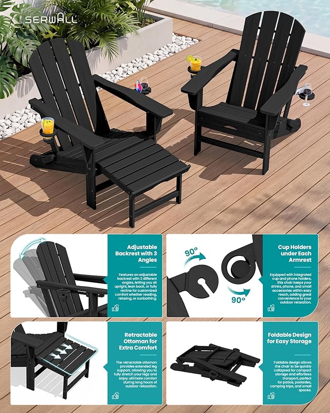 SERWALL Folding Adjustable Adirondack Chairs with Footrest Set of 2, HDPE Outdoor Chair with Dual Cup Holders, All Weather Adirondack Chair with Ottoman, Black