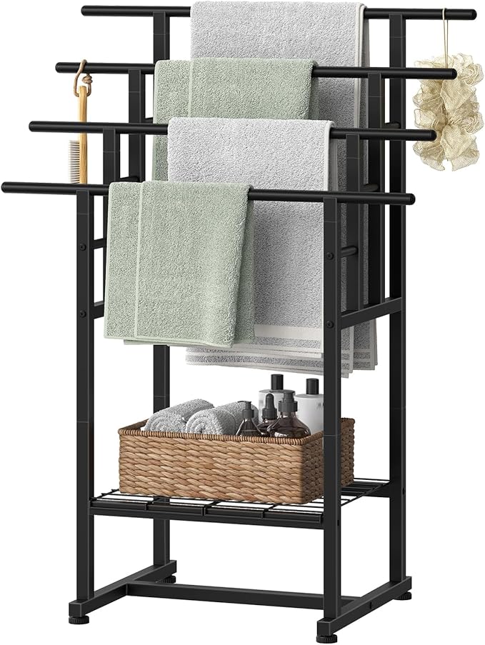 HOOBRO 4-Tier Freestanding Towel Rack, 28.3" L x 15.7" W x 41.3" H, Pool Towel Rack Outdoor, Metal Bathroom Storage Organizer with Bottom Shelf, Standing Blanket Rack, Industrial Style, Black BK16LB01