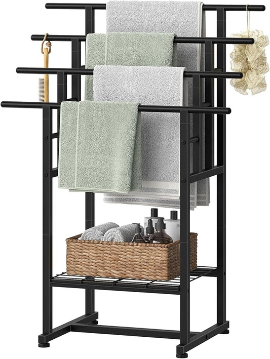 HOOBRO 4-Tier Freestanding Towel Rack, 28.3" L x 15.7" W x 41.3" H, Pool Towel Rack Outdoor, Metal Bathroom Storage Organizer with Bottom Shelf, Standing Blanket Rack, Industrial Style, Black BK16LB01