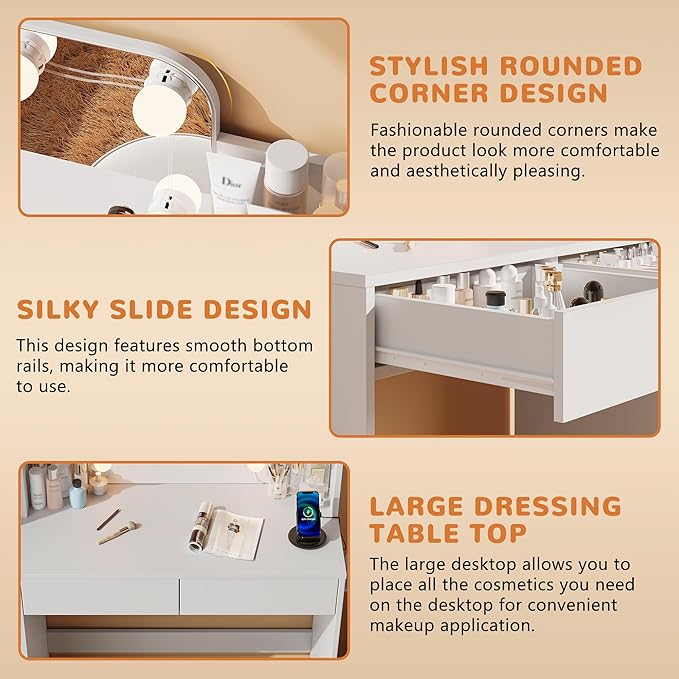 wanan Vanity Desk with Mirror and Lights 3 Colors, Girls Vanity Set with Power Outlet, Compact Vanity Table for Small Space, White Vanity Desk only