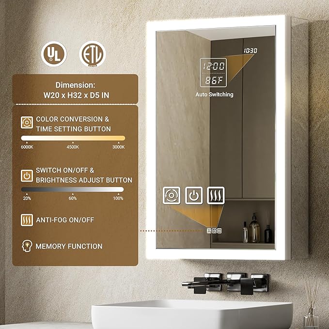 LED Medicine Cabinet, 20x32 Surface or Recessed Medicine Cabinet with Mirror and Light, 3 Color Dimmable Fog-free Lighted Medicine Cabinet with Outlet & Clock,Built-in Sensor Lamp,Right Hinge