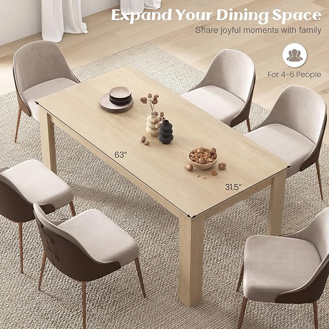 Giantex Dining Table for 4-6, 63" L Large Farmhouse Kitchen Table, Wooden Rectangular Dinner Table for Living Dining Room, Home Office, Dinette, 330LBS Capacity, Natural