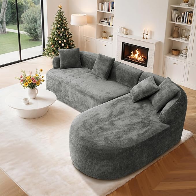 99" Curved Sectional Sofa with Chaise, Modern Boneless Couch with Deep Seat, L Shaped 3-Seater Cloud Couch for Living Room, No Assembly Needed, Chenille (Gray, Right Chaise+Left Sofa)
