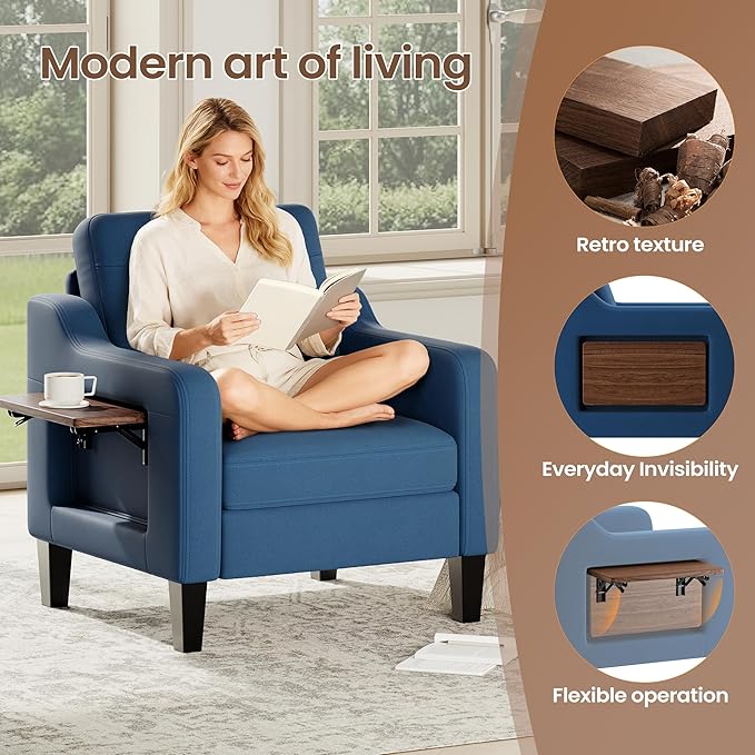 Accent Chair for Living Room Modern Linen Upholstered Armchair Side Wooden Fabric Sofa Chair with Foldable Table 2 Side Pockets Comfy Reading Chair for Bedroom