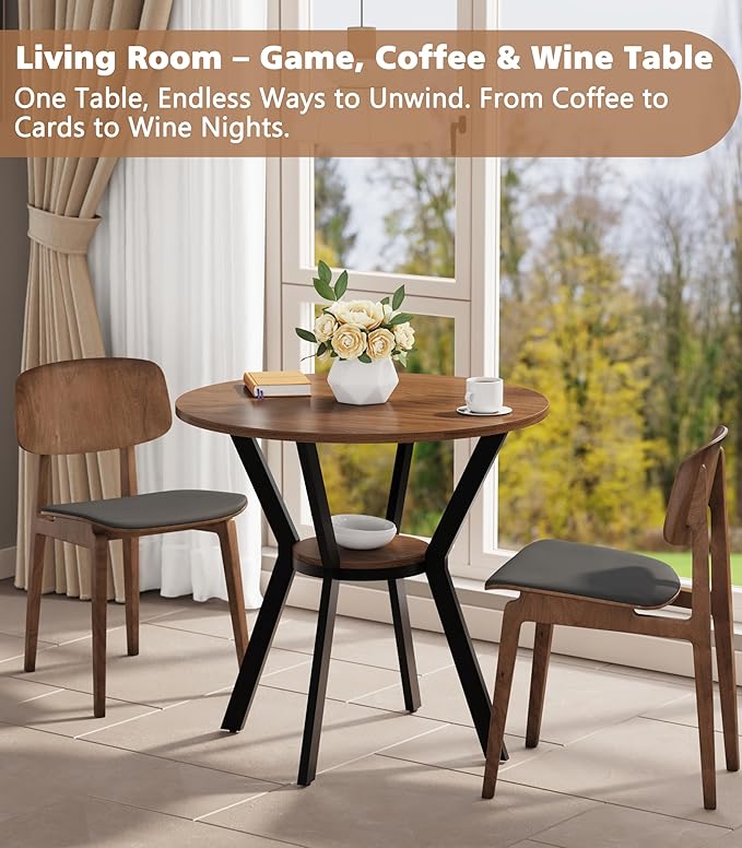 MECHYIN 31.5" Round Dining Table for 2-4, Farmhouse Small Kitchen Table with Storage, Space Saving Circle Table, Rustic Wood Dining Room Tables with Metal Legs for Kitchen, Dining Room, Apartment