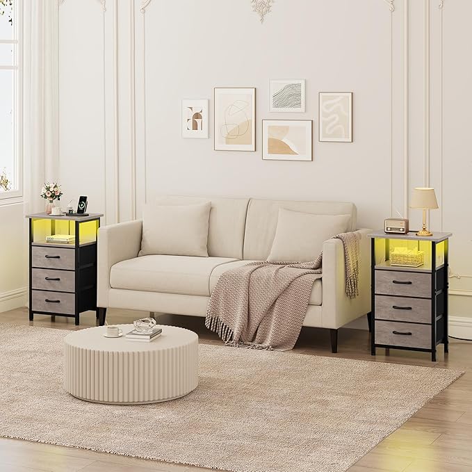 Vagusicc Night Stand with Charging Station, LED Nightstand for Bedroom, Bedside Table with 3 Fabric Drawers, End Table Side Table with USB Ports and Outlets, Bed Side Table for Bedroom, Greige