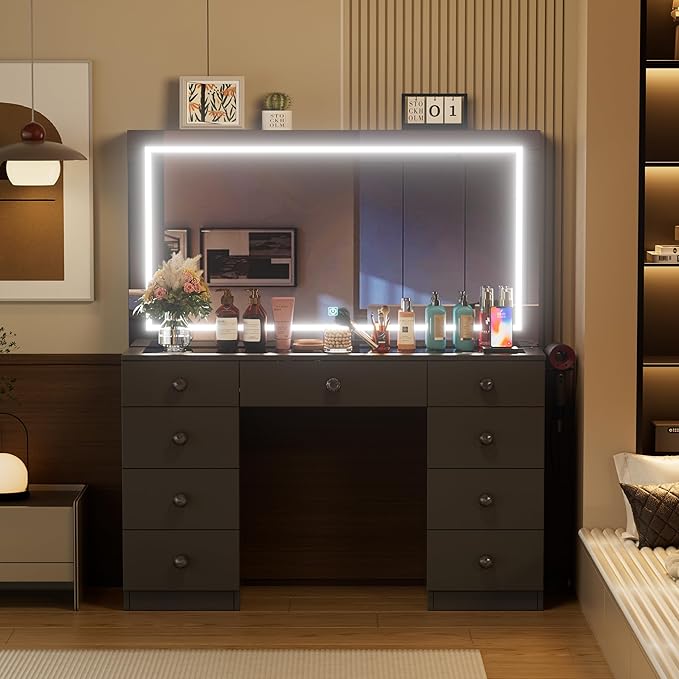 Makeup Vanity Desk with Large Mirror and Lights,Vanity Table with Glass Top,9 Drawers,3 Color Modes,Sliding 2 Wall Mounted Jewelry Storage Racks,Suitable for Bedroom Ladies and Girls (Black)