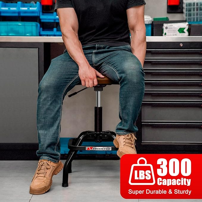 Shop Stool with Backrest, Mechanic Garage Stool for Workshop, Adjustable Shop Stools Chair, Padded Workbench Stools for Men Women, 300 LBS Capacity, 360° Swivel PVC Seat, Heavy Duty, Brown