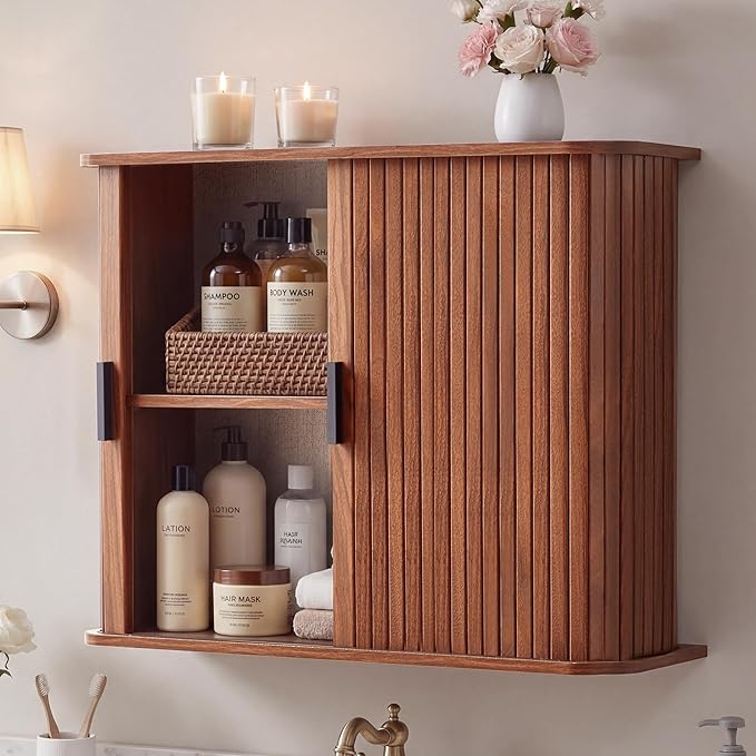 weselon Fluted Wall Mounted Bathroom Cabinet with Sliding Doors, Medicine Cabinet Storage for Over the Toilet, Space Saver Organizer for Small Bathroom Laundry Kitchen (Walnut)