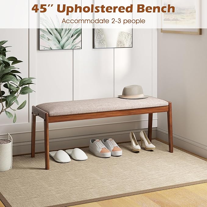 Giantex 45" Upholstered Entryway Bench with Rubber Wood Legs & Fabric Padded Seat, 400Lbs Capacity, Farmhouse Dining Bench for End of Bed, Hallway, Bedroom, Kitchen, Dining Room, Beige