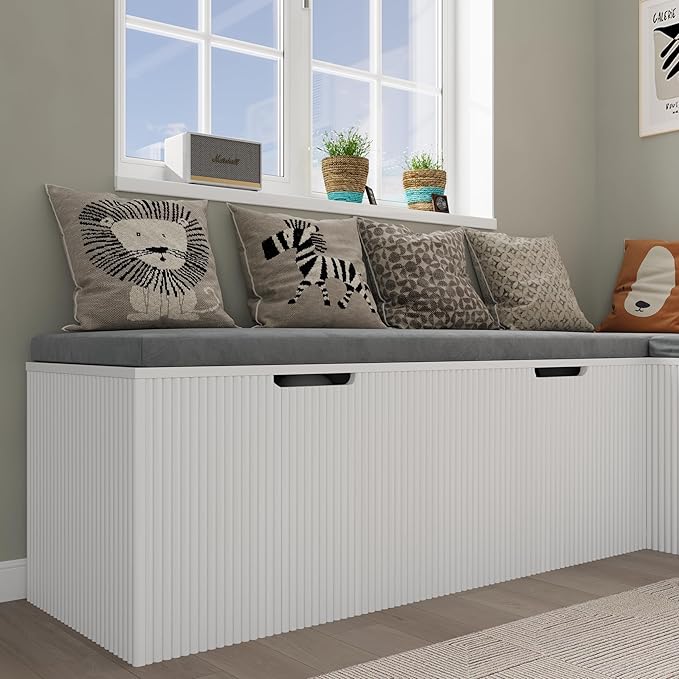 Bobve L-Shape Storage Bench with Cushion, Backless Corner Dining Bench, Kitchen Dining Nook Bench with Hidden Storage for Dining Room, Kitchen, Entryway (White)