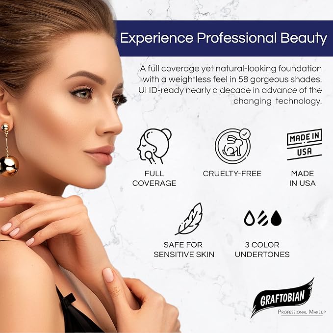 Graftobian HD Glamour Crème Foundation 1/2oz, Weightless Full Coverage Makeup, 65 Inclusive Shades, For All Skin Types, Natural or Full-Glam Looks, For Professionals and Beginners, Cashmere Beige