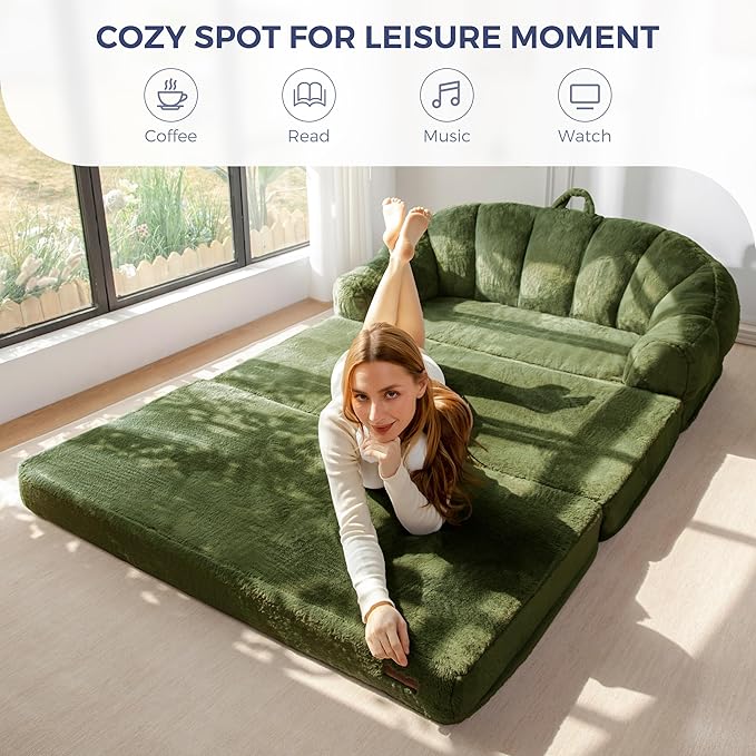 MAXYOYO Folding Sofa Bed, 2 in 1 Convertible Sofa to Lounger Comfy Loveseat Bean Bag Chair for Adults, Floor Sleeper Couch with Handle, Faux Fur Couch Bed for Living Room Bedroom, Green, Loveseat