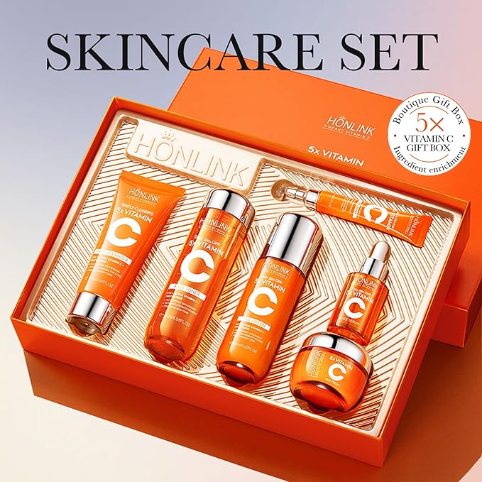 6-Piece Hydrating Skincare Set with Vitamin C & Niacinamide, Face Care Kit Includes Toner, Serum, Cleanser, Moisturizer, Eye Cream & Body Lotion | Valentine’s Day Gift for Women