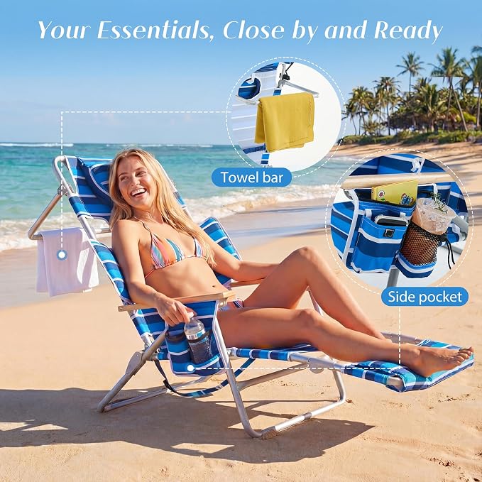 5-Positon Backpack Beach Chair, Portable Folding Tanning Chair, Double Shoulder Straps Beach Lounge Chair with Footrest, Face Hole, Towel Bar for Camping (Blue White, 60.6")