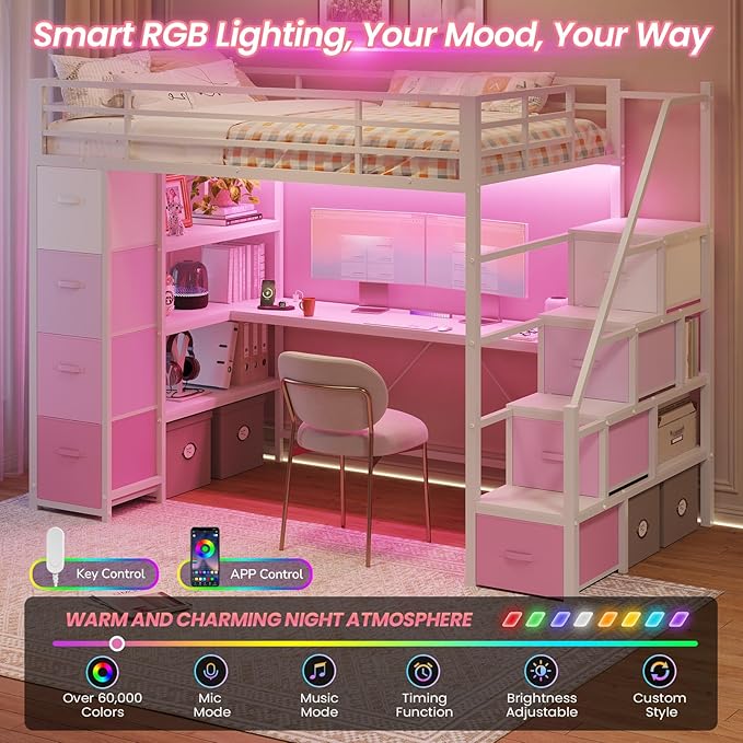 DICTAC Loft Bed Twin Size with Storage Stairs,Desk and Power Strips,Metal Twin Loft Bed with LED Lights,8 Storage Drawers &Open Shelves,Loft Beds for Kids,Teens,Adults with Safety Guardrail,White+Pink