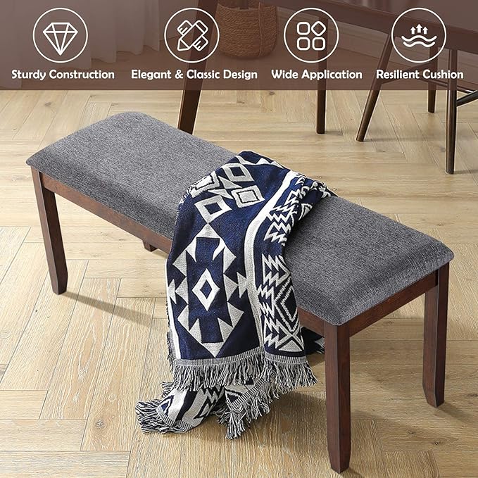 Giantex Dining Room Bench with Upholstered Padded Seat, 660lbs Capacity, 47.5" x 15.5" x 19.5" Ottoman, Wood Kitchen Table Bench for Entryway, Bedroom End of Bed, Grey