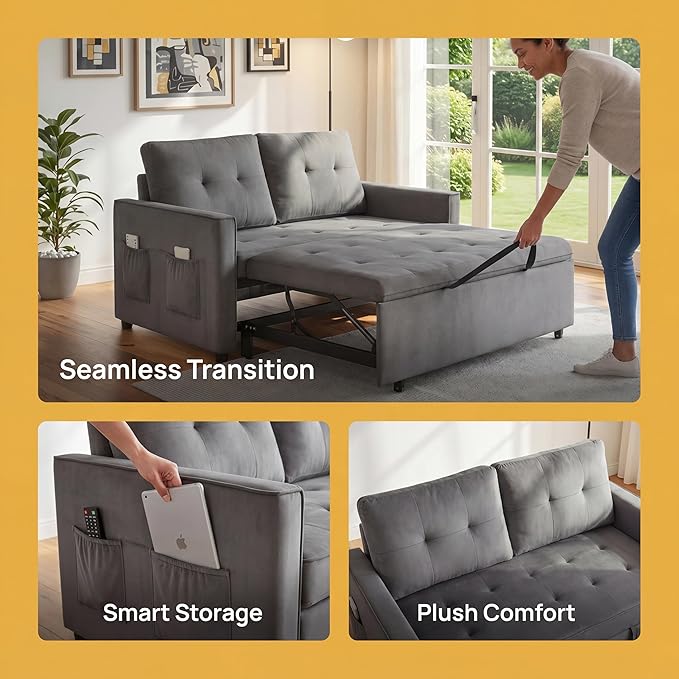 Convertible Sofa Bed, Pull Out Couch with Side Pockets, 3 in 1 Velvet Fabric Loveseat Sleeper Sofa Bed, Pull Out Couch with Adjustable Backrest for Living Room, Bedroom, Apartment, Black